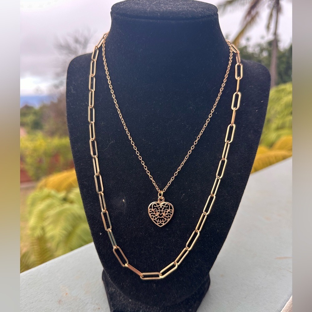 RSVP Gold Tone Layered Paperclip Chain Filigree Heart Pendant Necklace Set - Picture 1 of 5